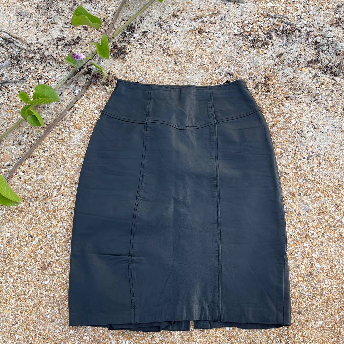 Vintage 80s Black Leather Skirt Knee Length Pencil Chance Encounters Size 8