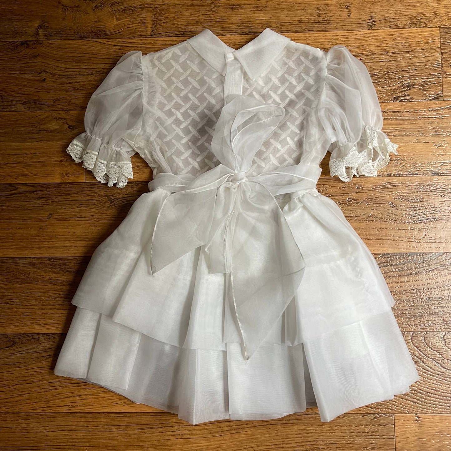 Vintage 50s Puff Sleeve Dress Kids White Sheer Embroidered Bodice Size 5 6