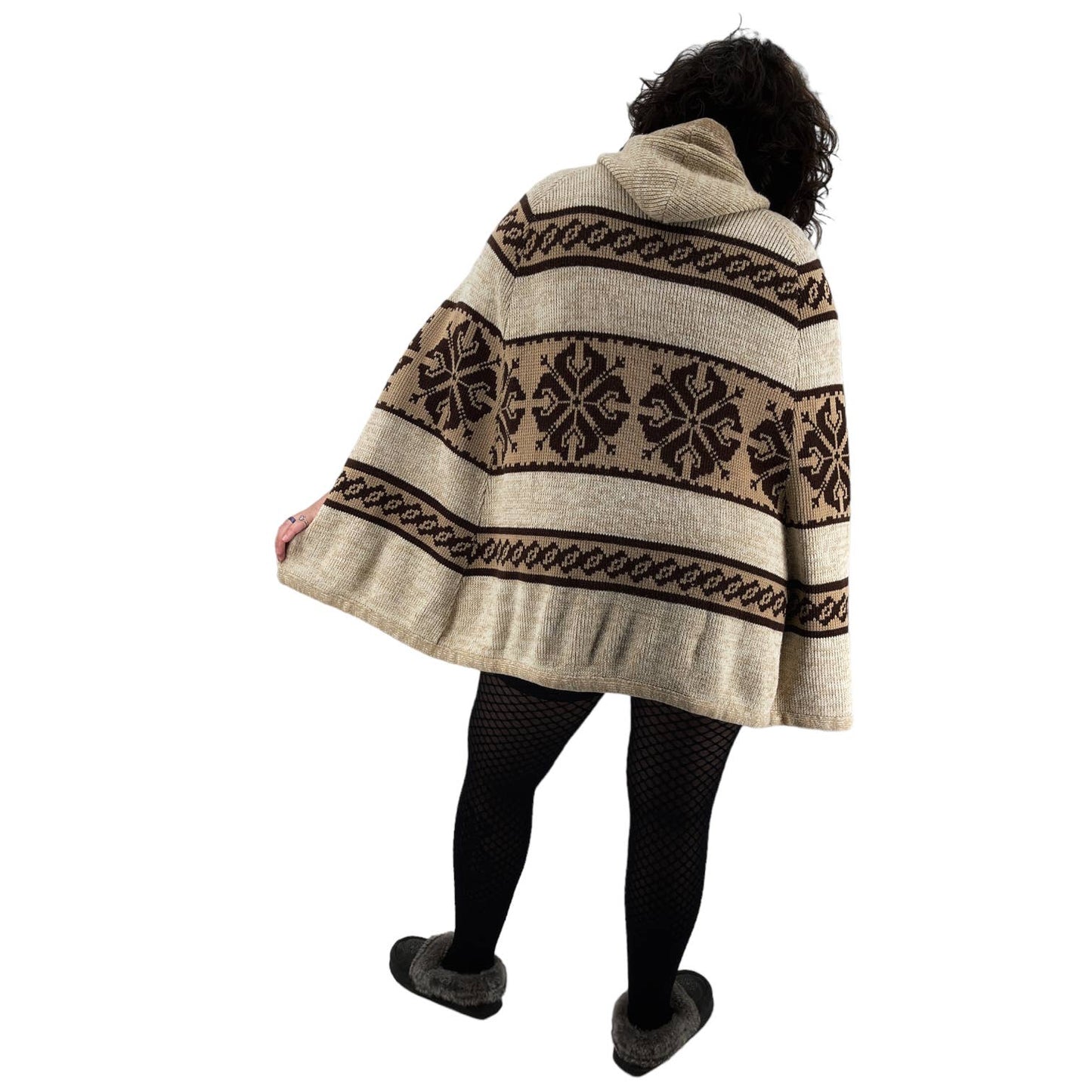 Vintage 70s Beige and Brown Poncho with Hood Arm Slits Volup by Sears