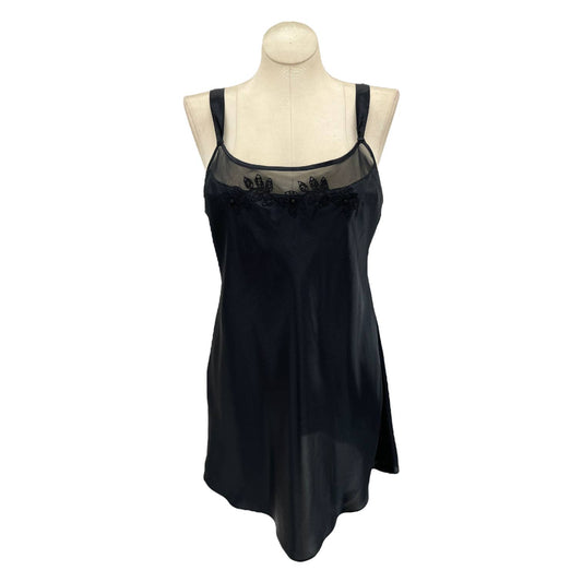 Vintage 90s Black Satin Nightgown Slip Dress Sheer Yoke Morgan Taylor Intimates
