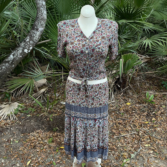 Vintage 80s Boho Skirt Set Blue Gray Top Crinkle Broomstick First Option Size M