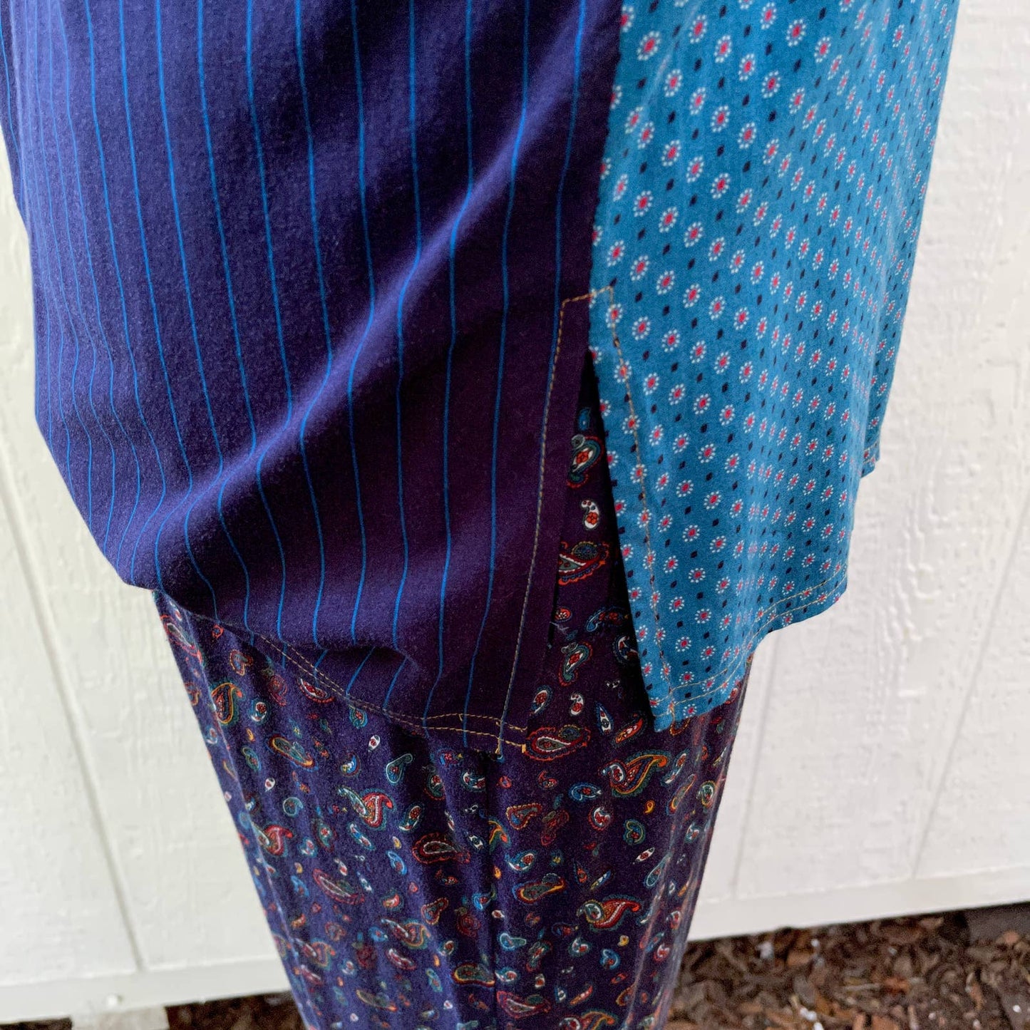 Vintage 90s Blue Patchwork Set Pants Button Up Top Pattern Mixing Carole Little