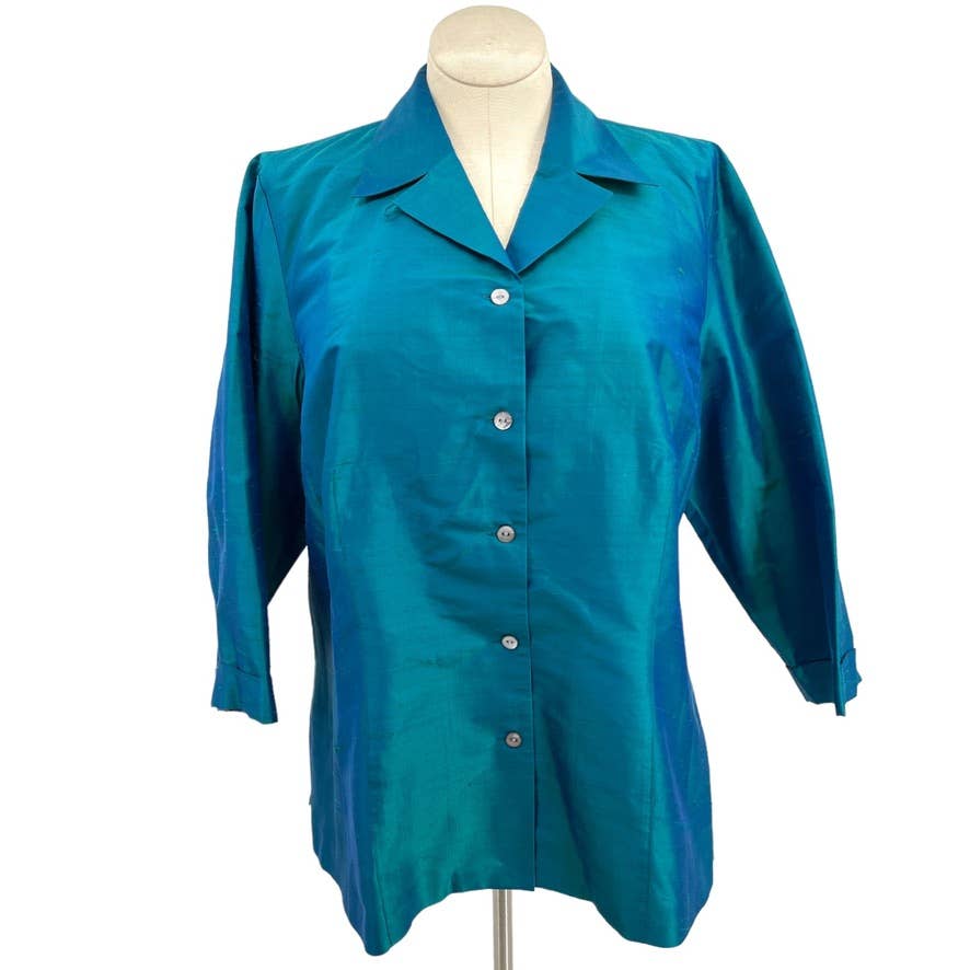 Vintage 90s Teal Silk Blouse Volup Textured Button Up Lord and Taylor Size 2X