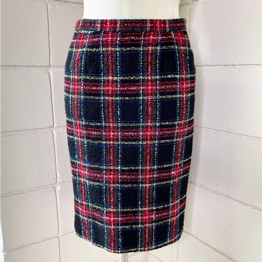 Vintage 90s Red Plaid Pencil Skirt Boucle Wool Blend Jacqueline Ferrar Size 12