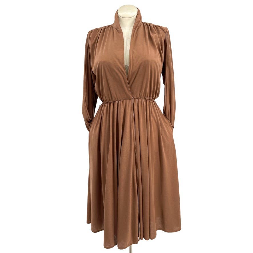 Vintage 70s Brown Earthy Wrap Midi Dress Full Skirt LS Albert Capraro Size 10