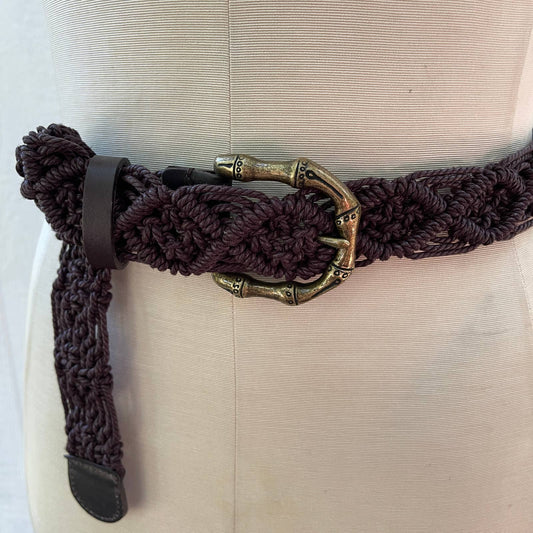 Vintage 90s Macrame Belt Bamboo Buckle Brown Brass Faux Leather L XL