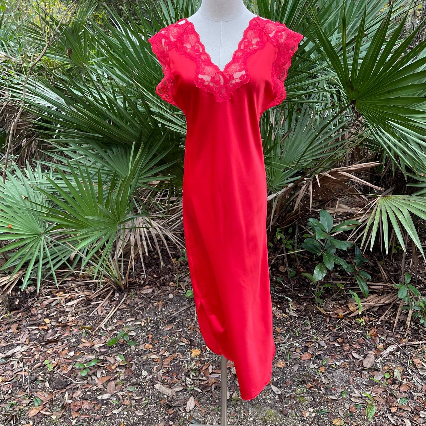 Vintage 80s Red Satin Maxi Nightgown Lingerie Sleeveless Barad and Co Size P