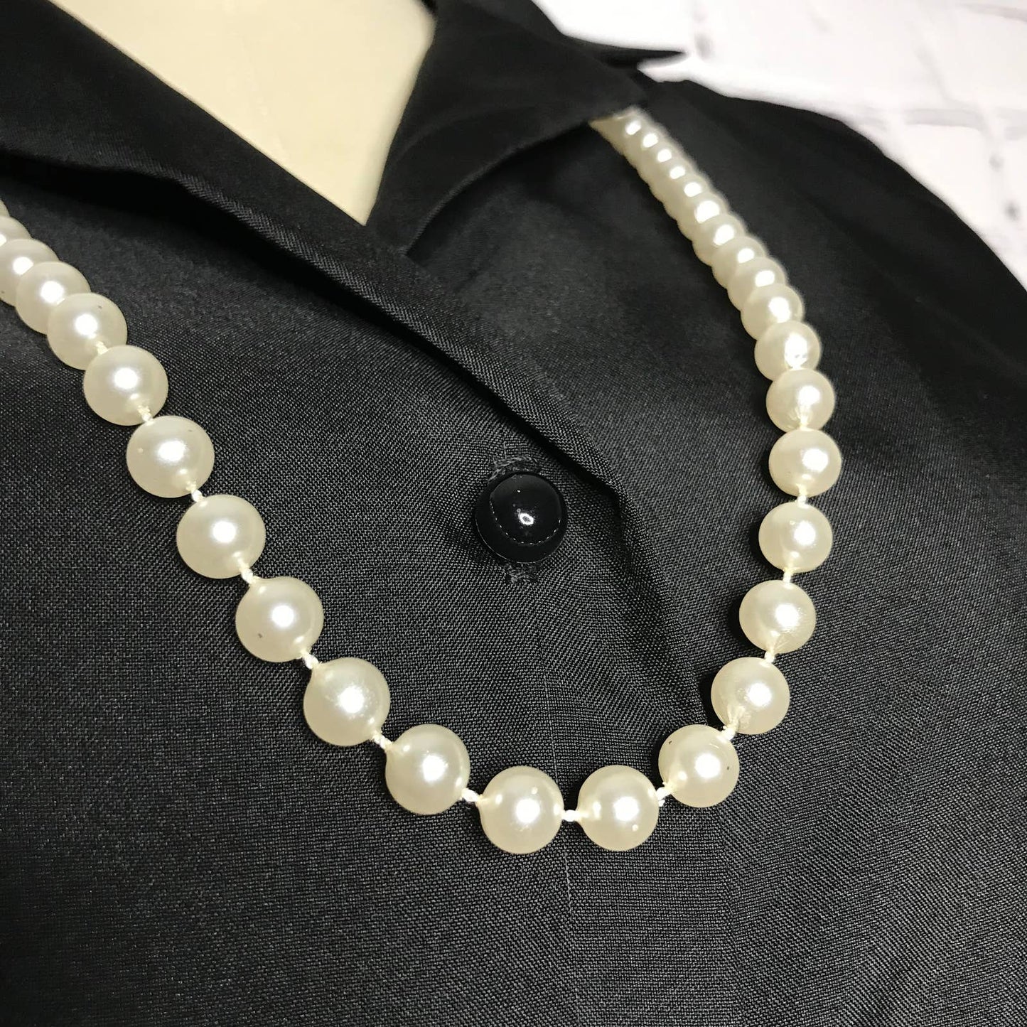 Vintage 80s Black Blouse with Attached Faux Pearl Necklace by Style Trix Size 40