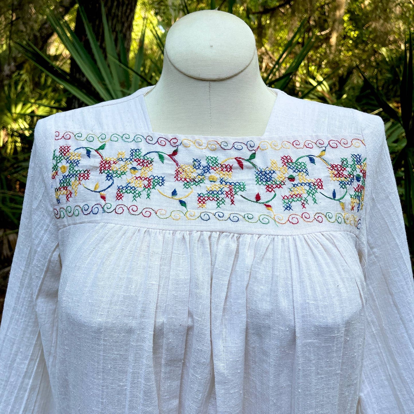 Vintage 70s Bohemian Muslin Midi Folk Dress Embroidered Yoke Floral Cream Size S