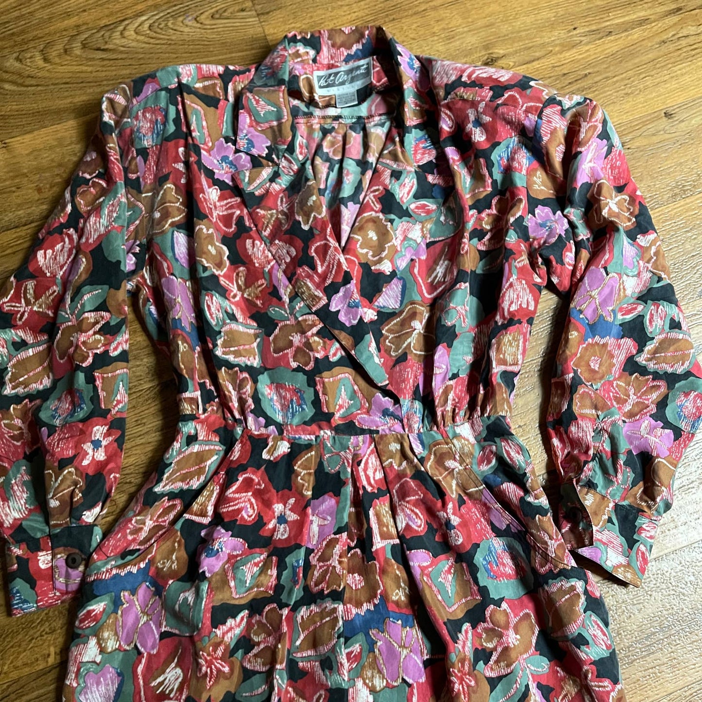 Vintage 80s Silk Midi Dress Oversized Floral Pattern LS Pat Argenti Size 8