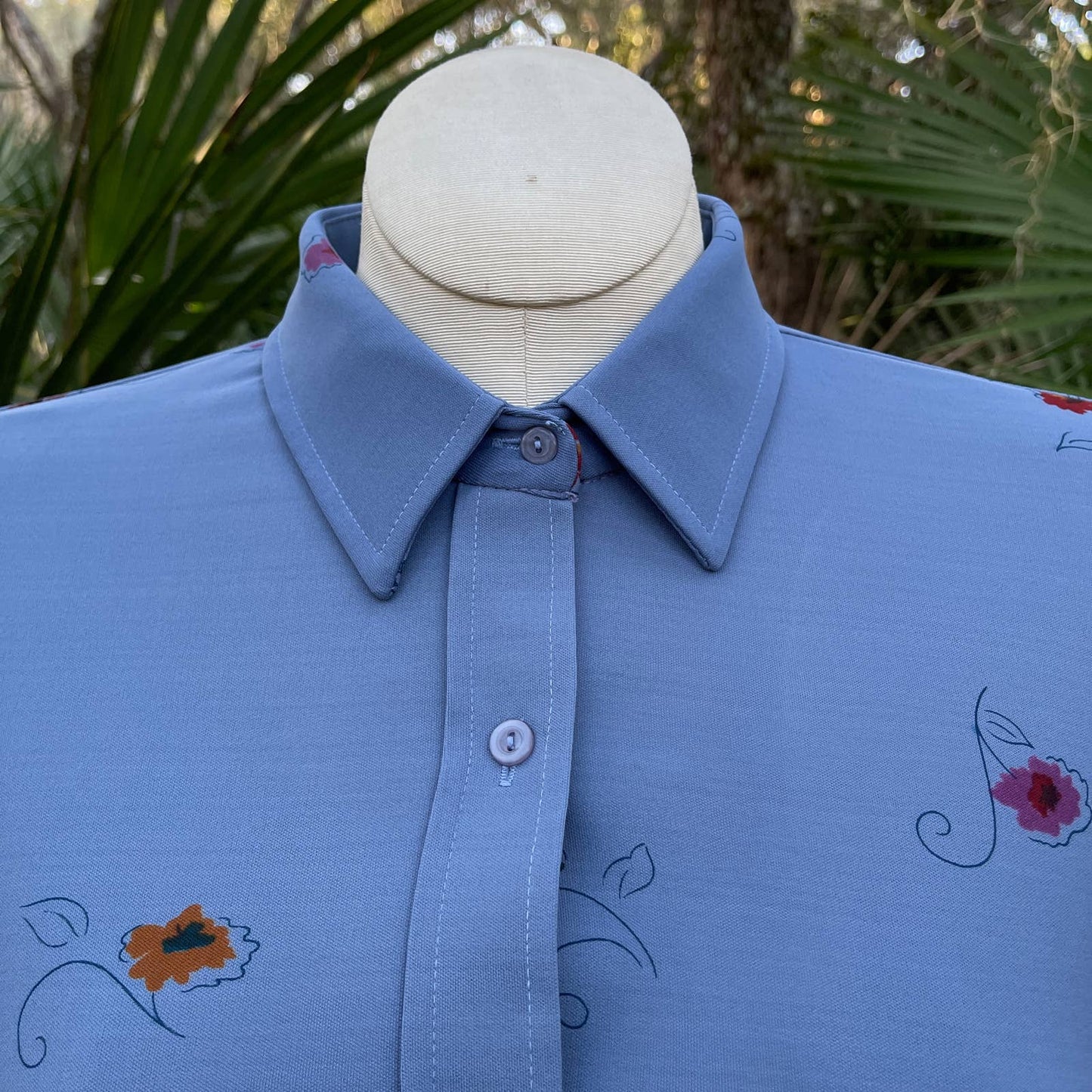 Vintage 70s Blue Floral Button Up Shirt Blouse Long Sleeves Sears Size M L