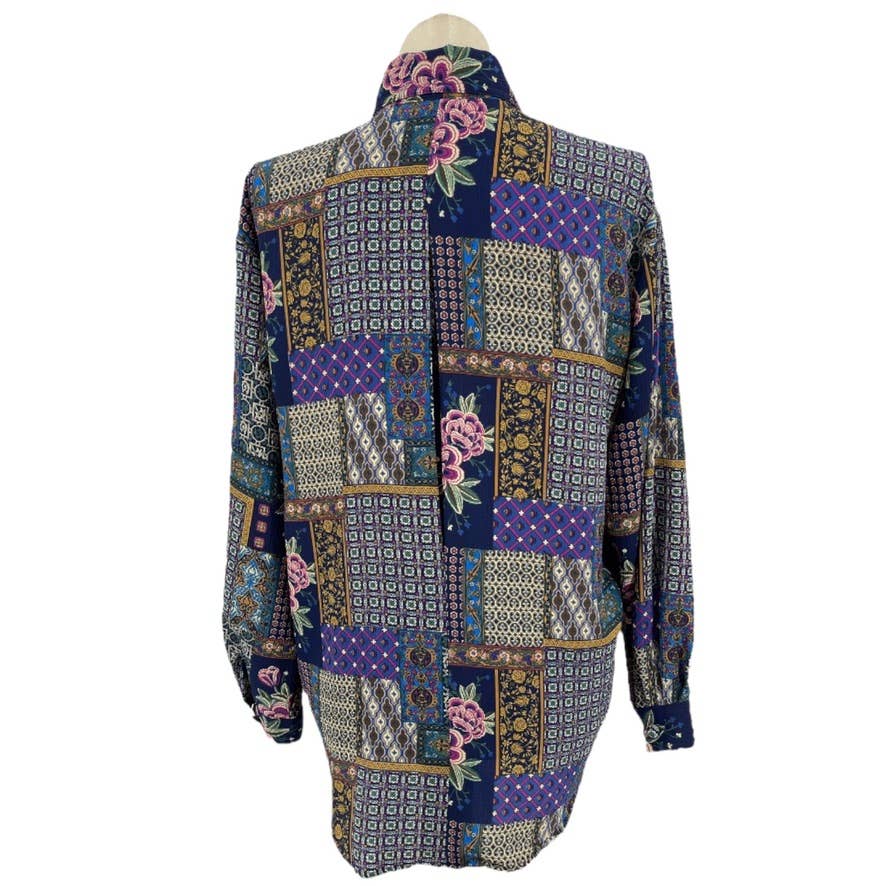 Vintage 90s Patchwork Print Blouse Long Sleeve Blue Christie and Jill Size L