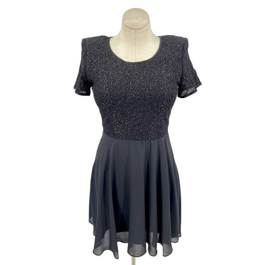 Vintage 90s Black Mini Formal Dress Evening Short Sleeve Chiffon Molly Malloy 12