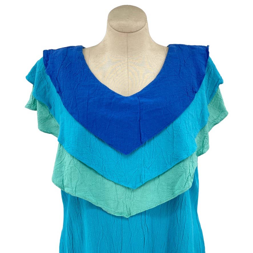 Vintage 80s Blue Tropicana Cotton Maxi Dress Sleeveless Tiered Flounce Size L