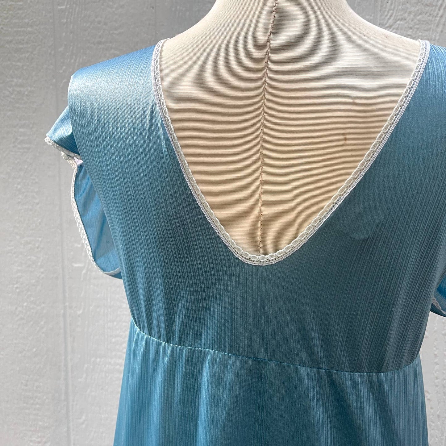 Vintage 70s Blue Maxi Nightgown Double Vneck Lace Trim Nylon Sleep Size M