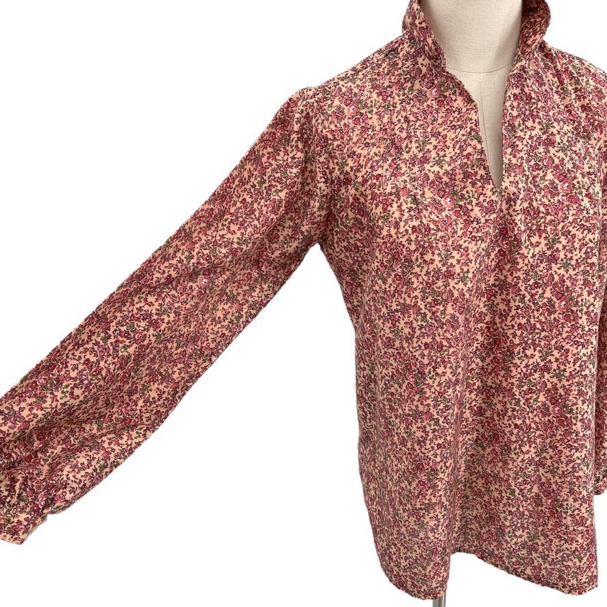 Vintage 70s Pink Floral Tunic Long Sleeves Split Neck Cotton SM Collection Sz M