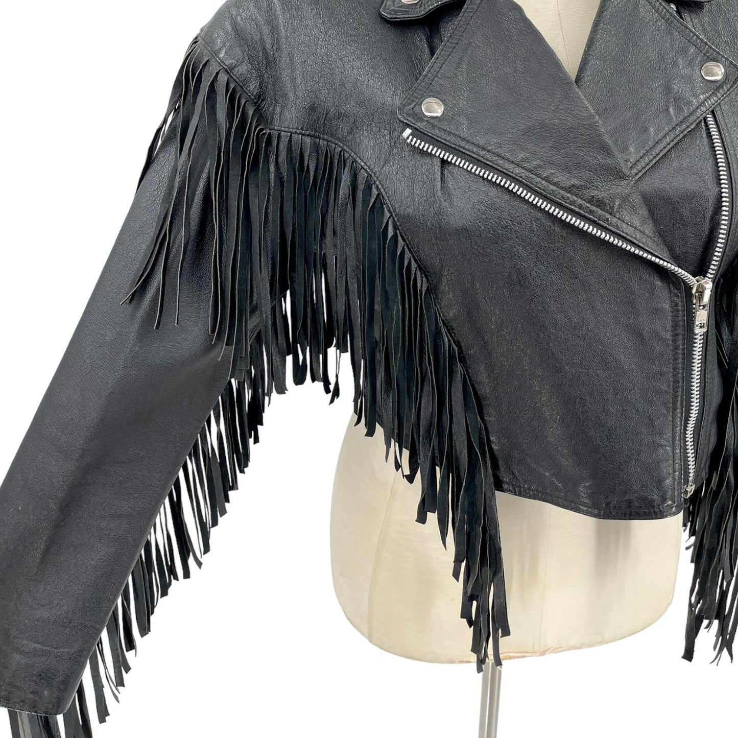 Vintage 80s Black Leather Jacket Fringe Cropped Zipper Explorations Size M