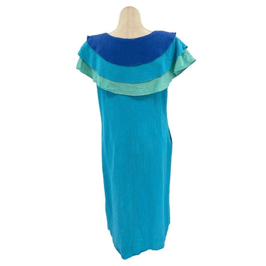 Vintage 80s Blue Tropicana Cotton Maxi Dress Sleeveless Tiered Flounce Size L