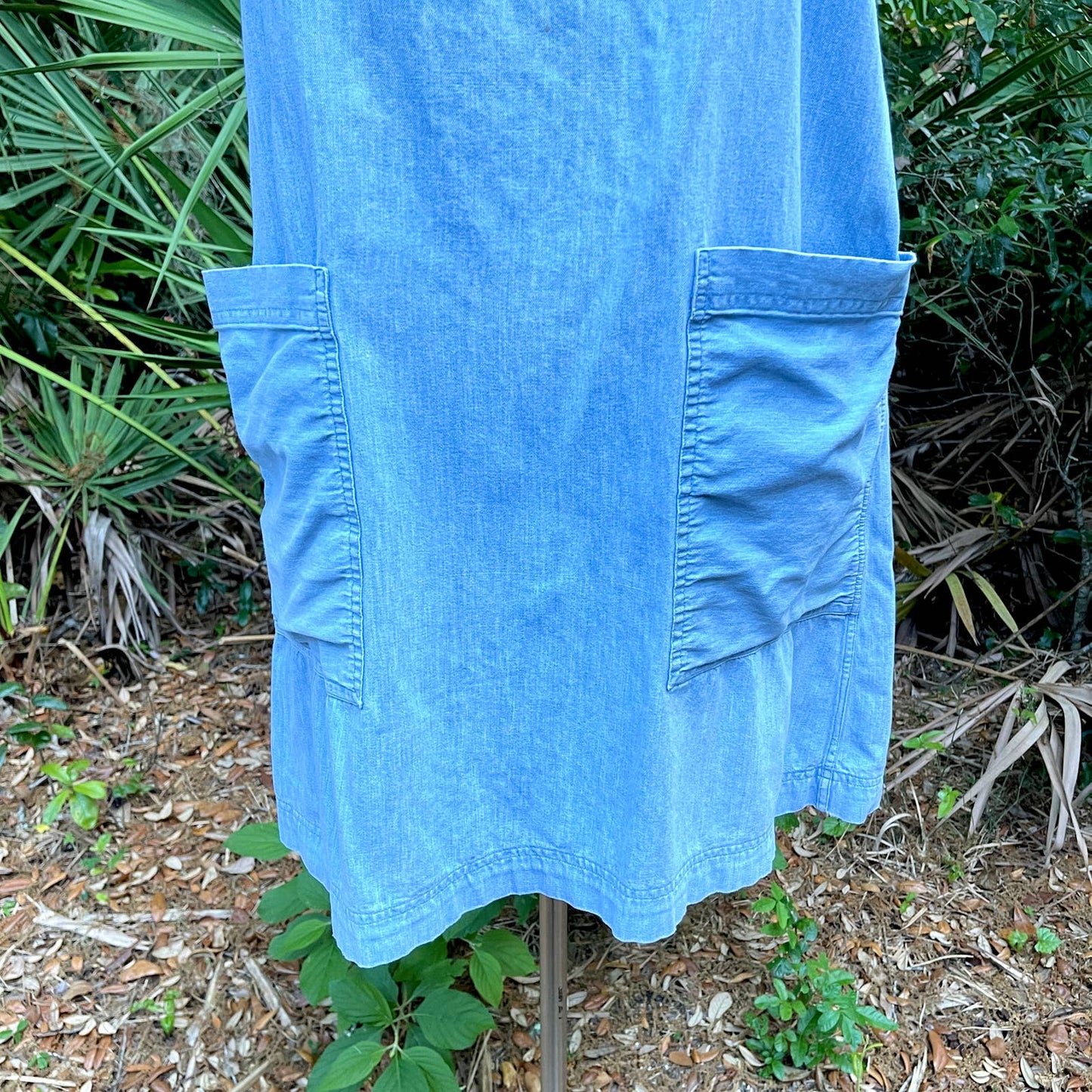 Vintage 90s Chambray Sleeveless Dress Bandana Trim Pockets Handmade Size M L
