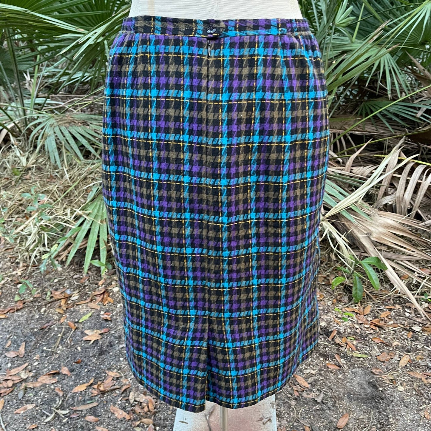 Vintage 80s Black Blue Houndstooth Wool Blend Pencil Skirt Tan Jay Size 16