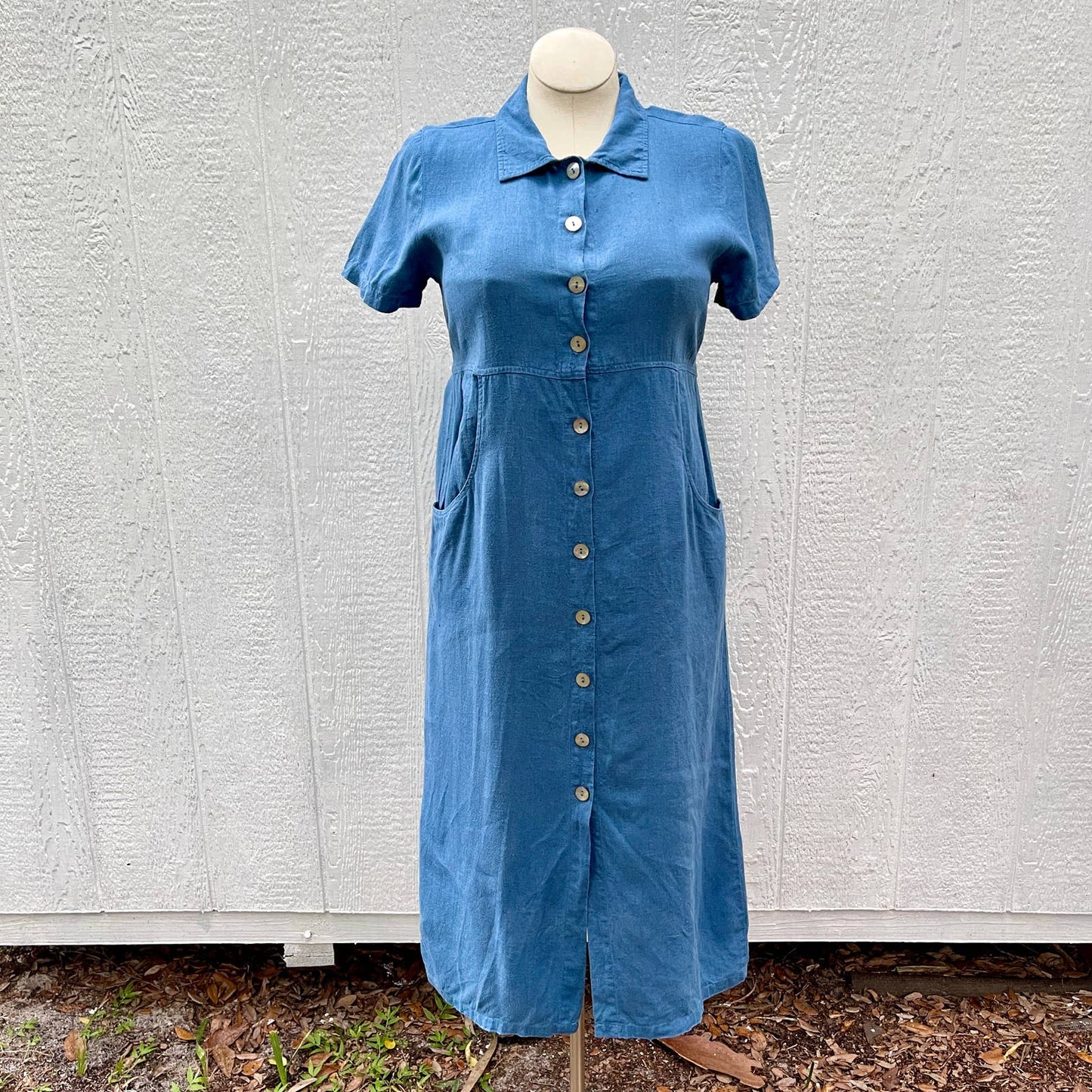 Vintage 90s Blue Linen Midi Dress Button Front Short Sleeves Pockets Fads Size L