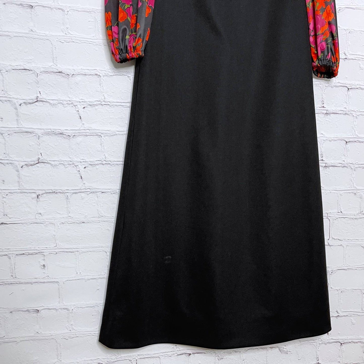 Vintage 70s Black Maxi Dress with Floral Contrast Long Sleeves Size M L