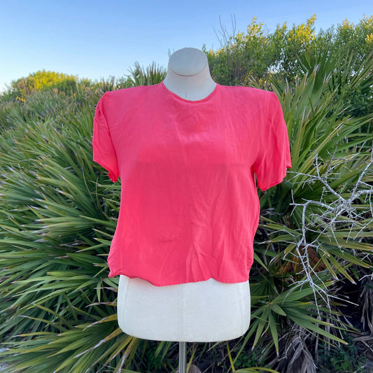 Vintage 90s Coral Silk Blouse Short Sleeve Top Boxy Chic Pink Clio Size L