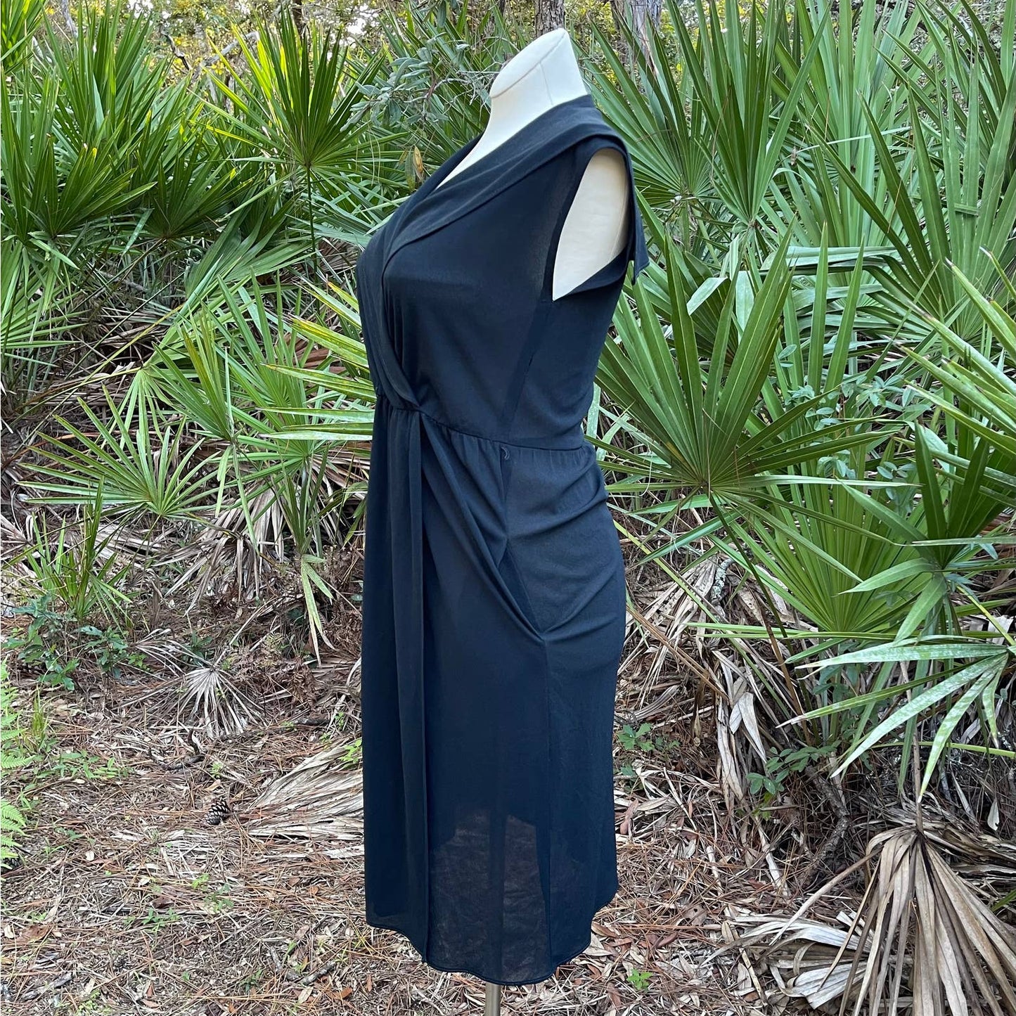 Vintage 70s Black Faux Wrap Dress Sailor Collar Cap Sleeve Samuel Blue Size M