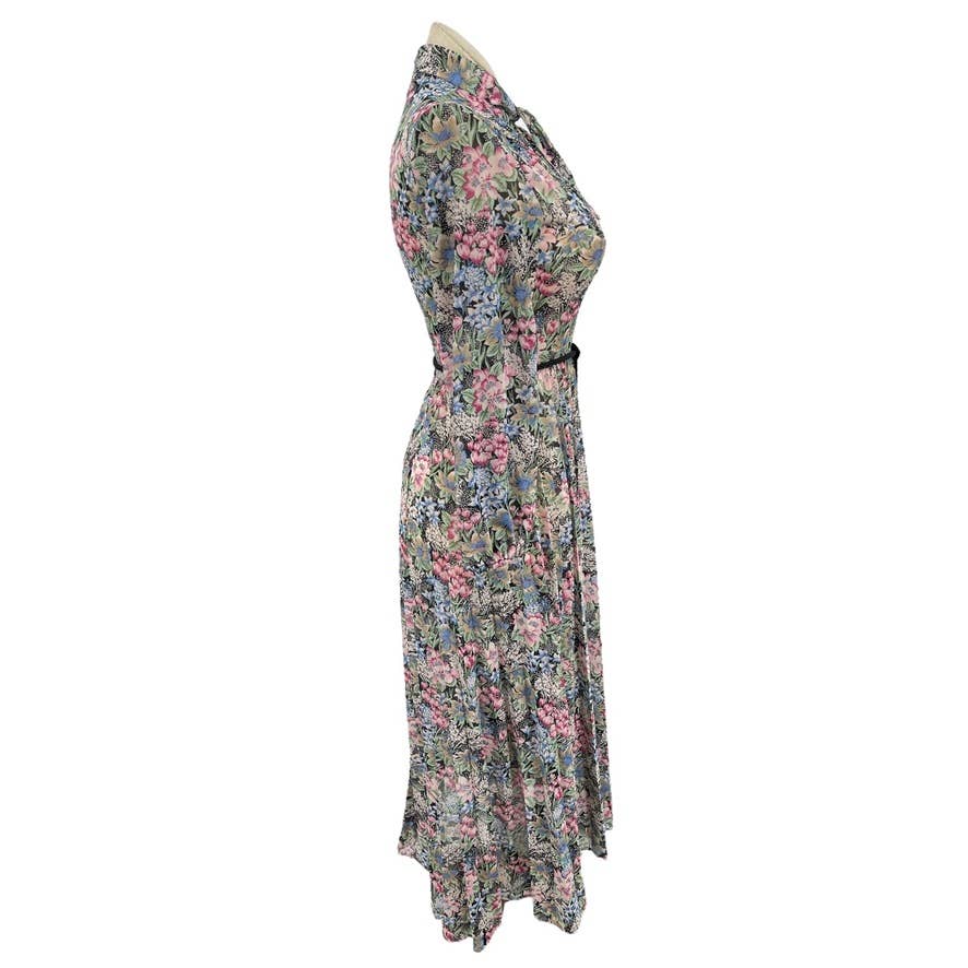 Vintage 70s Witchy Floral Pleated Maxi Dress Rope Belt Tassels Bleeker Street M