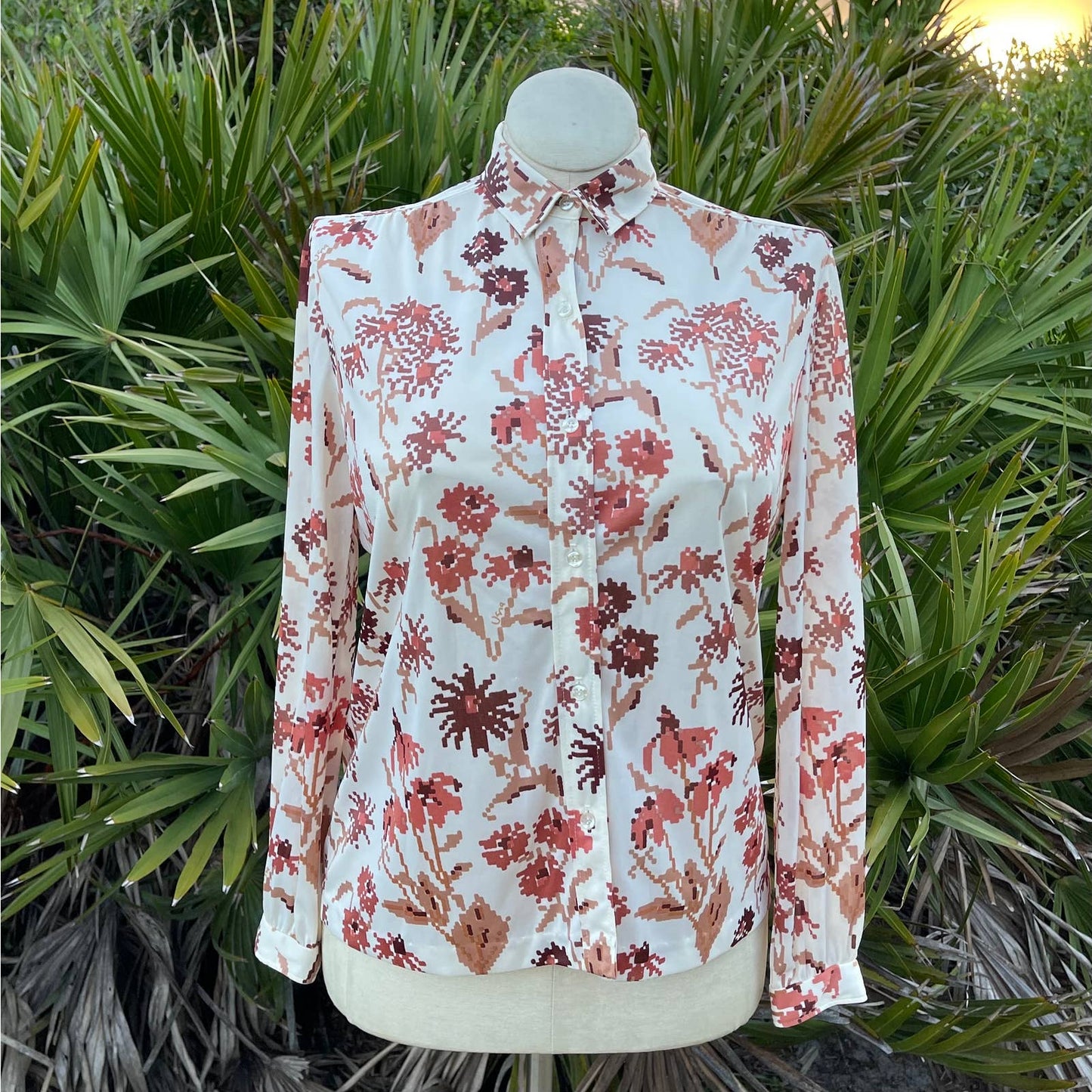 70s Vintage Cream Blouse with Pixelated Brown Flowers Vera Neumann Size L