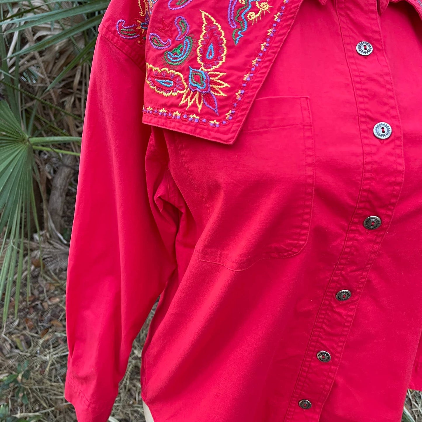 Vintage 90s Pink Embroidered Cotton Button Up Shirt Western Southwest Canyon L