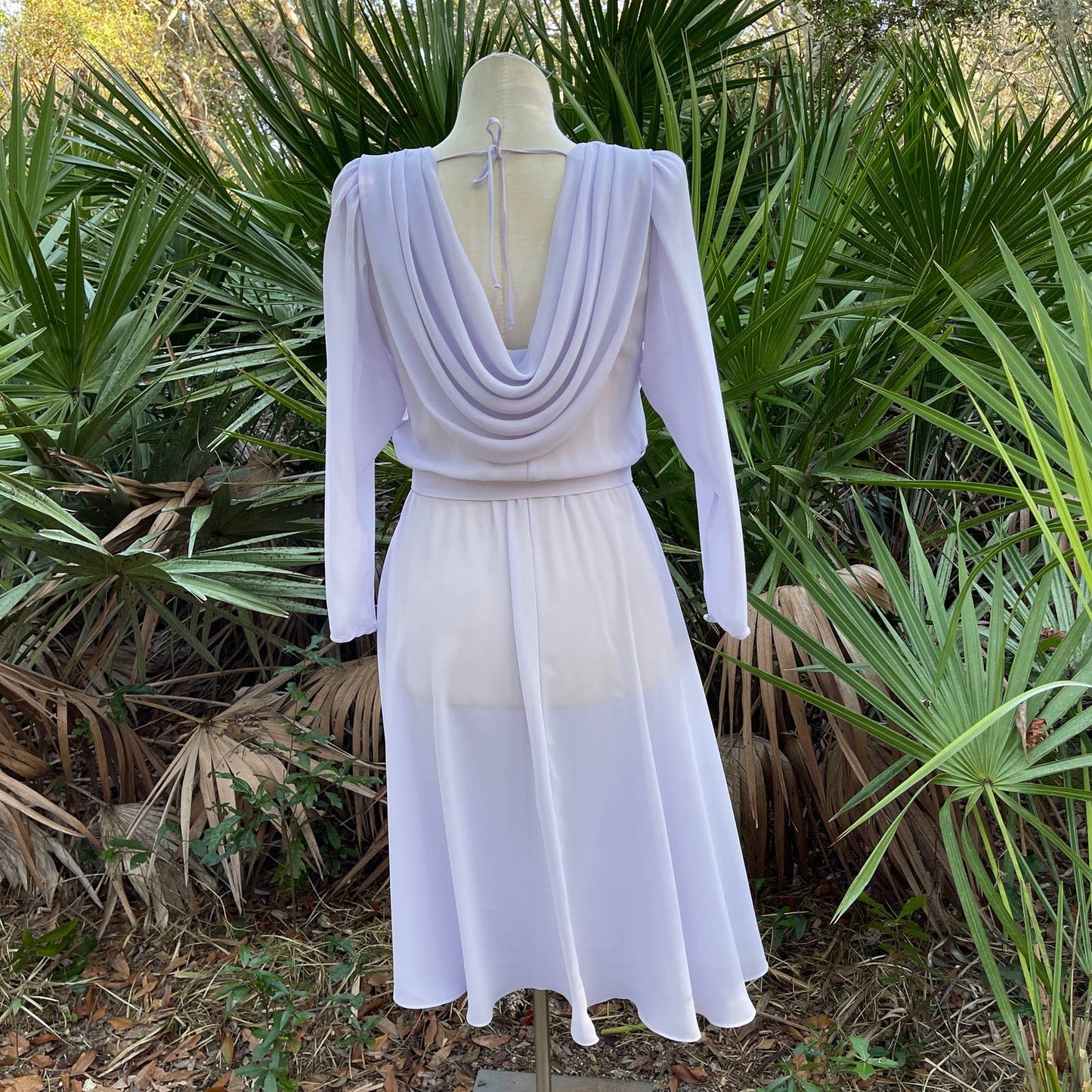 Vintage 80s Lavender Midi Dress Cutout Lace Draped Back Ursula Size 9 10
