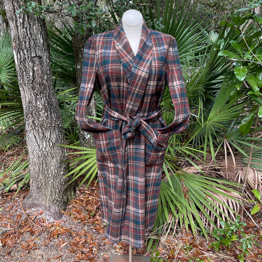 60s Vintage Plaid Wool Robe Brown and Green Pockets Unisex by Pendleton