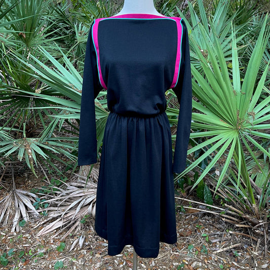 Vintage 80s Black Midi Dress Pink Teal Trim Long Sleeves Career Guild Size M