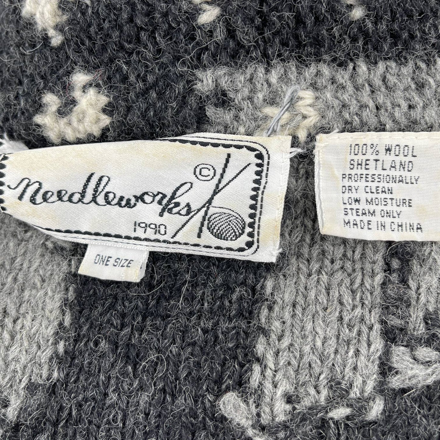 Vintage 90s Geometric Wool Cardigan Sweater Gray Cream Needleworks One Size