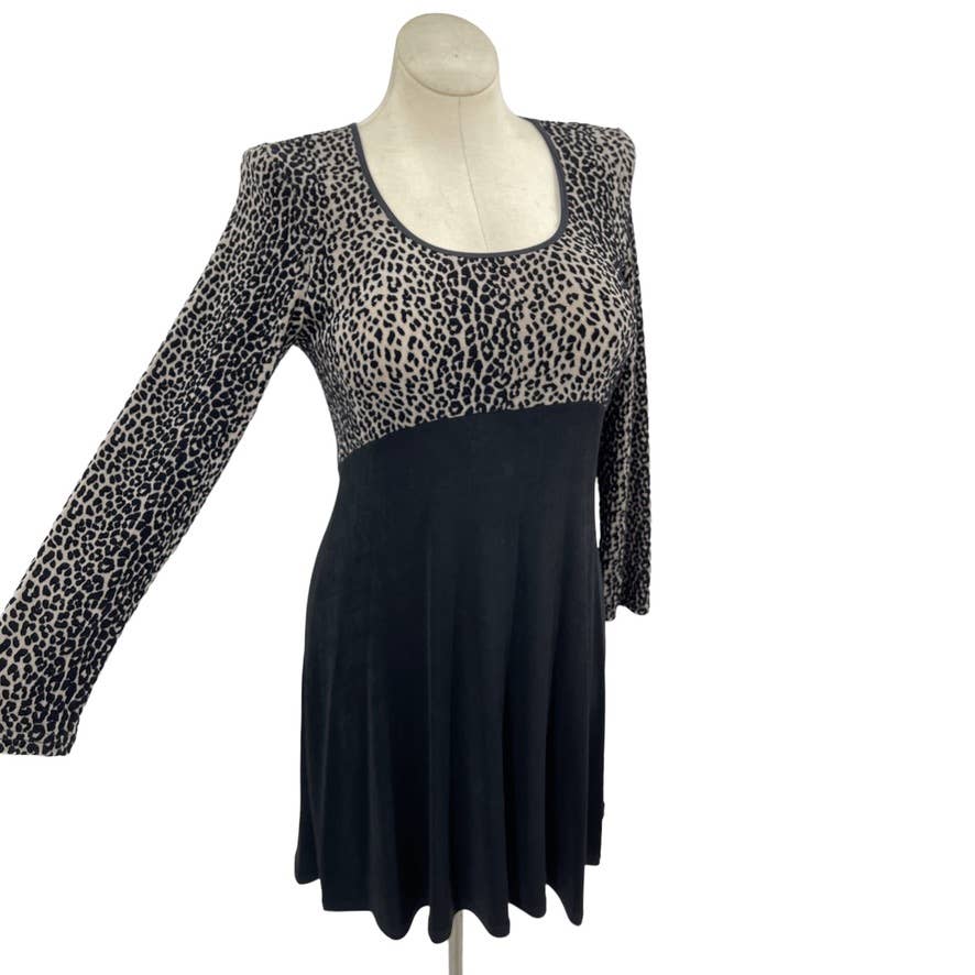 Vintage 90s Leopard Print Skater Dress Mini Black Gray Flocked Francine Browner