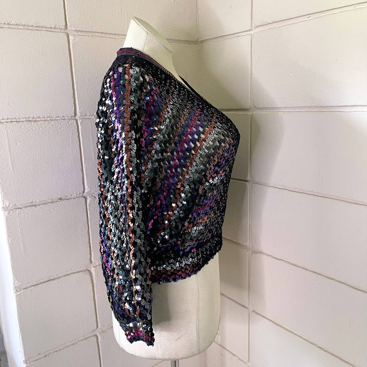 Vintage 80s Rainbow Sequin Open Knit Dolman Sleeve Vneck Top Harry Acton Size M