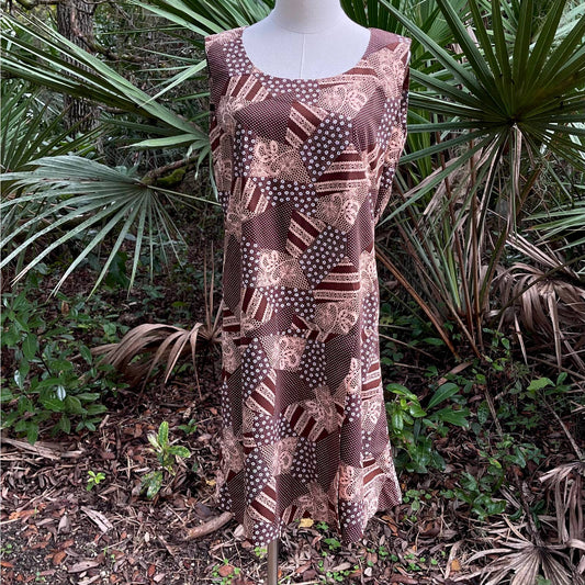Vintage 70s Patchwork Romper Sleeveless Skirted Cotton Brown Size M
