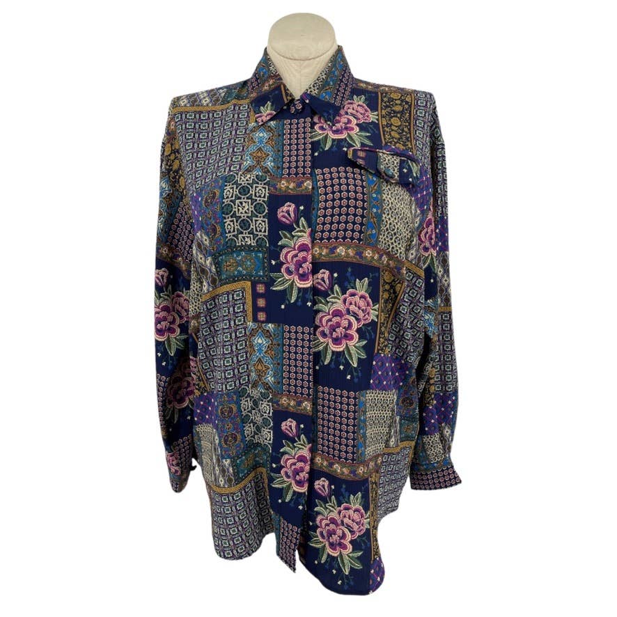 Vintage 90s Patchwork Print Blouse Long Sleeve Blue Christie and Jill Size L