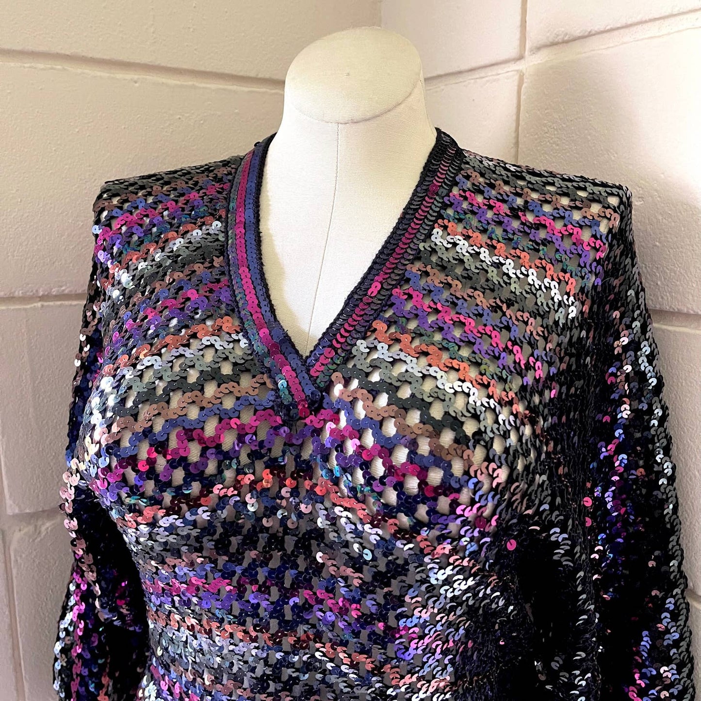 Vintage 80s Rainbow Sequin Open Knit Dolman Sleeve Vneck Top Harry Acton Size M