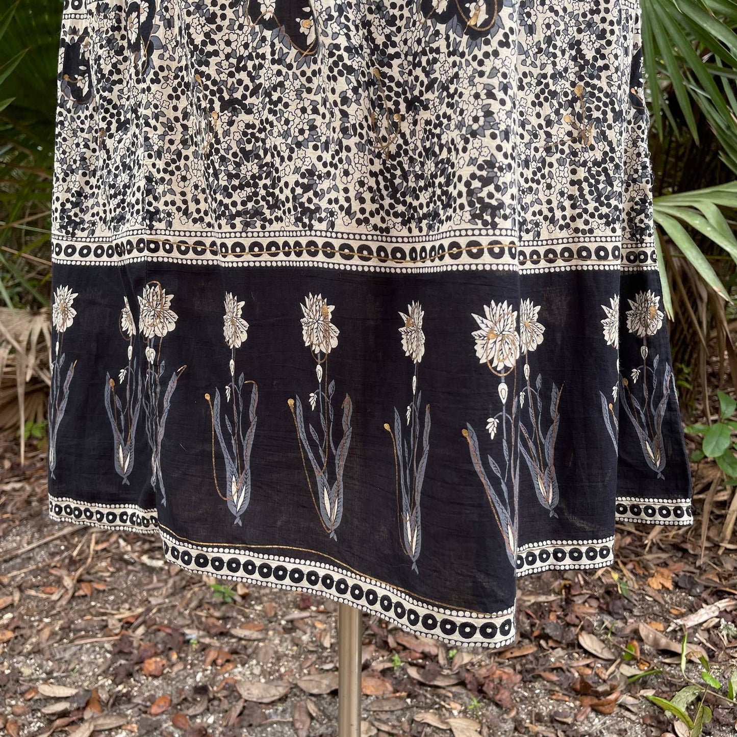 Indian Cotton Dress Lined Dark Blue and Cream Floral Drapers and Damons Size M