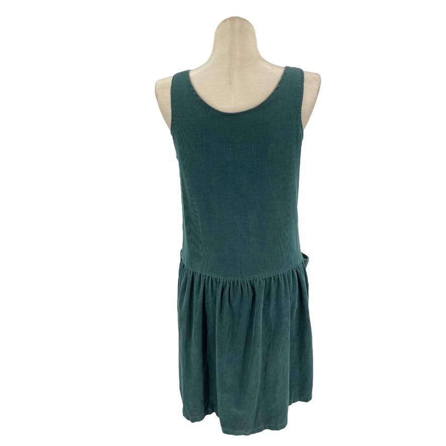 Vintage 80s Drop Waist Jumper Dress Green Corduroy Sleeveless Pockets Jeanette L