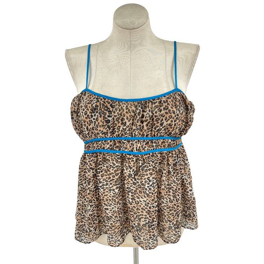 Vintage Y2K Leopard Print Cami Camisole Teal Blue Piping Cinema Etoile Size L