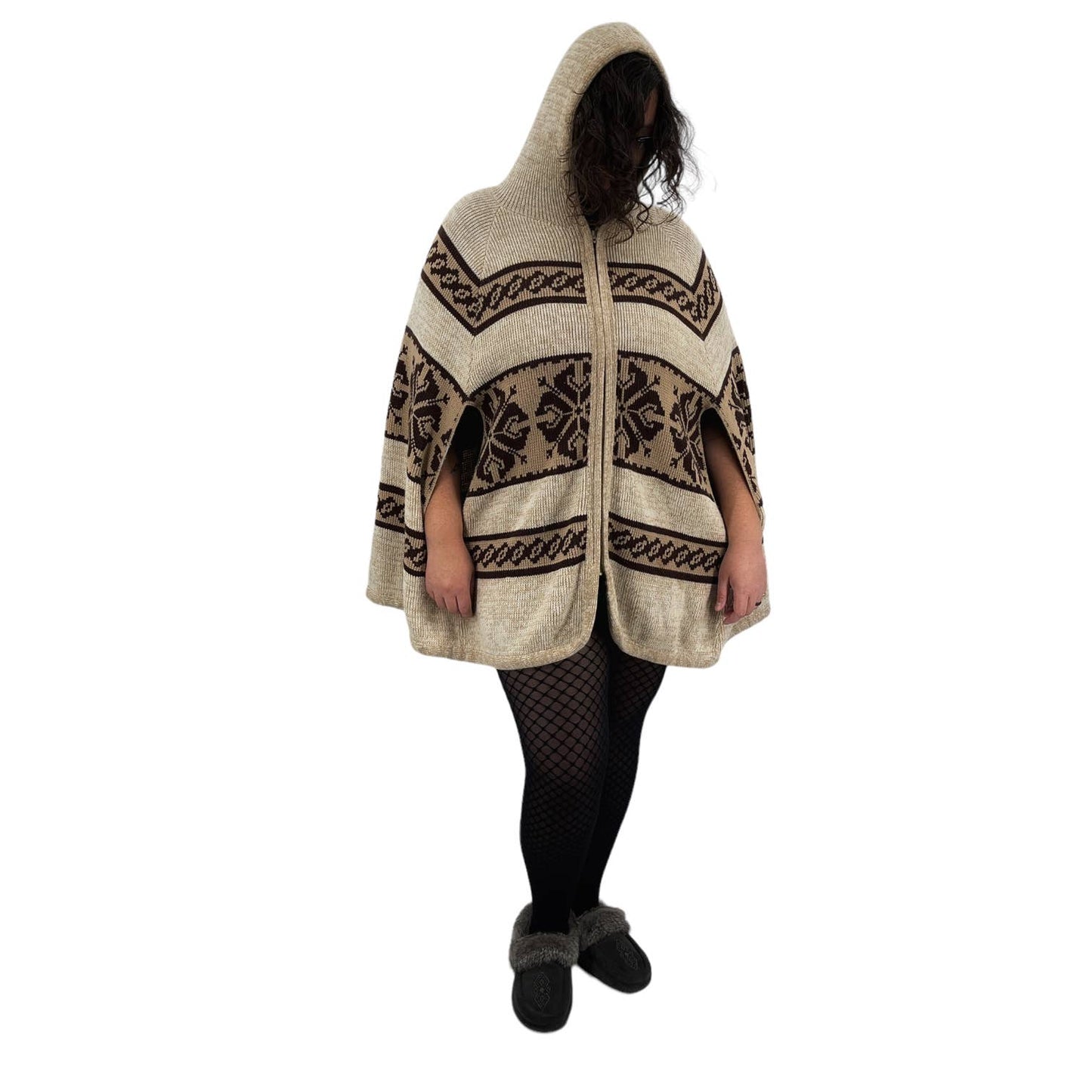 Vintage 70s Beige and Brown Poncho with Hood Arm Slits Volup by Sears