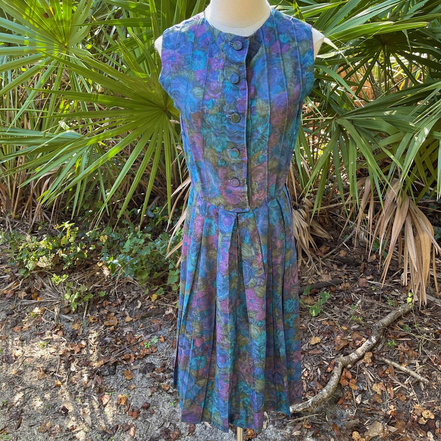 50s Vintage Floral Sleeveless Day dress Blue and Purple Handmade Size S