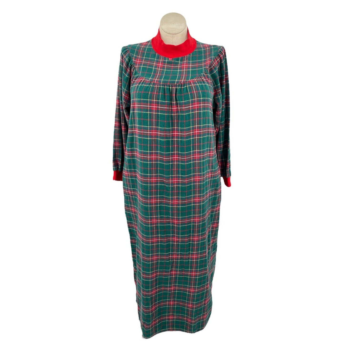 Vintage 80s Green Plaid Flannel Nightgown Long Sleeves Lanz of Salzburg Size L