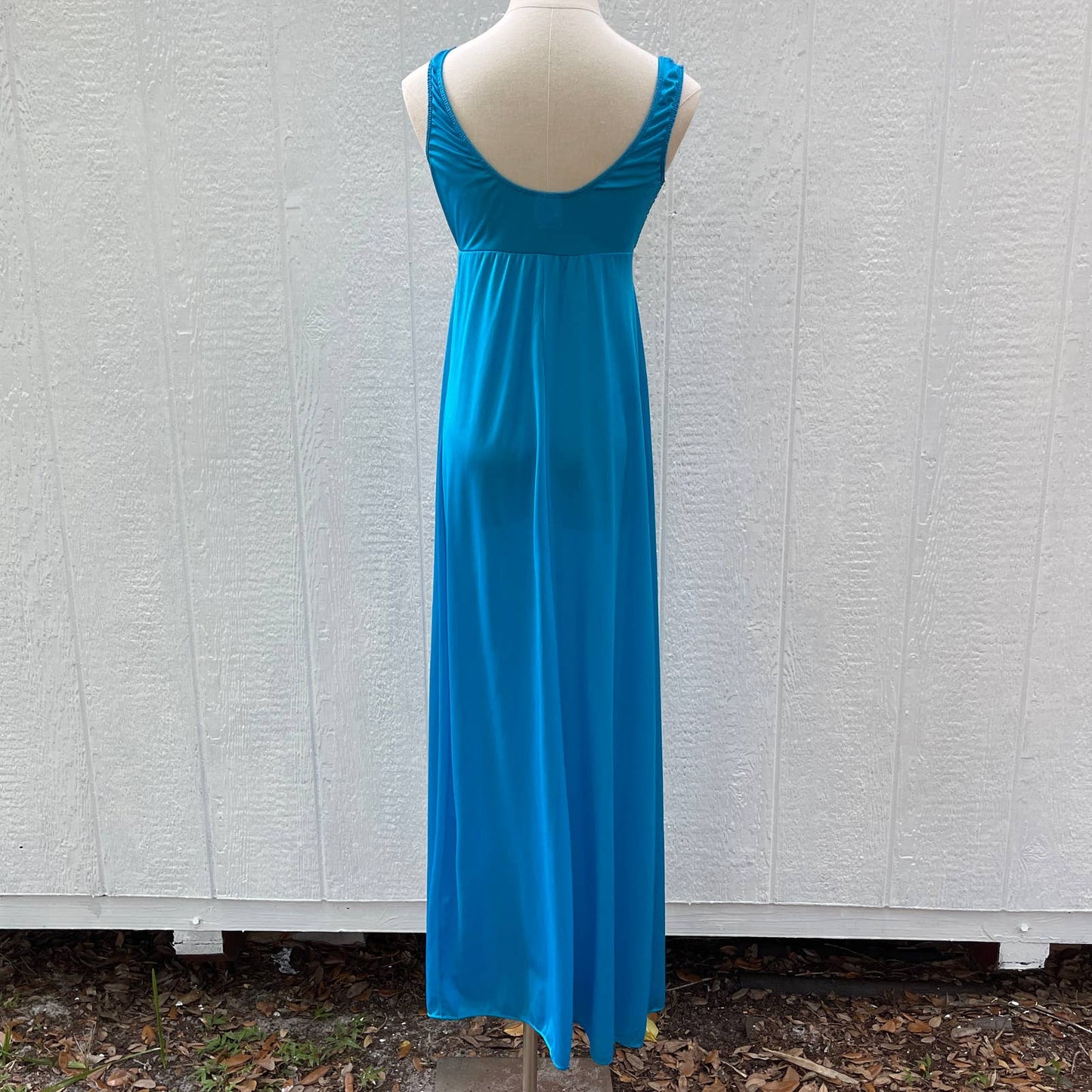 Vintage 70s Smocked Maxi Nightgown Blue Vneck Scoop Neck Kayser Size S