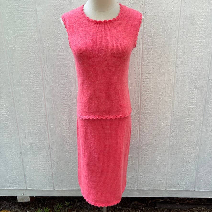 Vintage 80s Coral Pink Knit Skirt Set Sleeveless Top Pencil Skirt Home Made S M