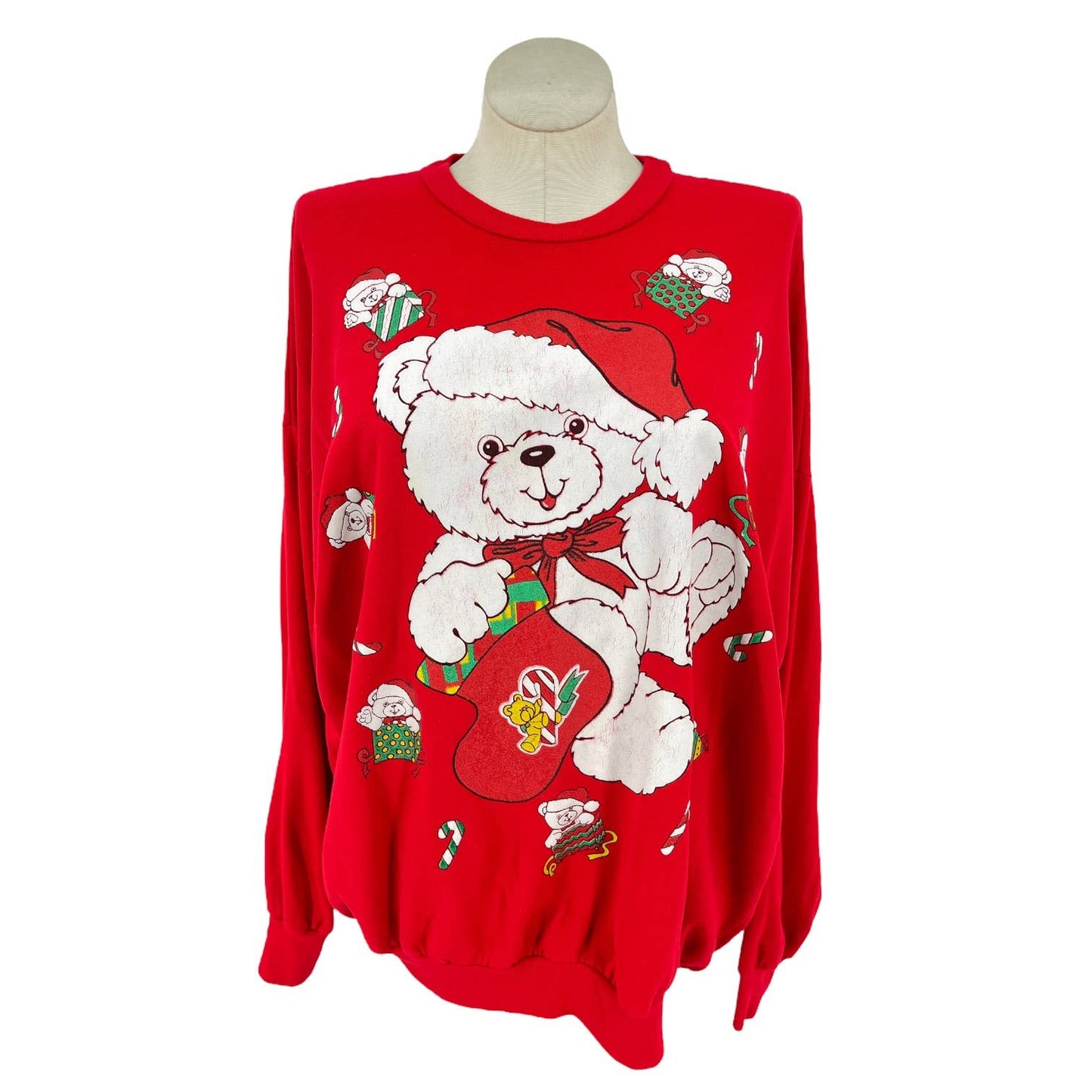 Vintage 80s Red Teddy Bear Christmas Holiday Sweatshirt Volup Linda Lori Size 1X