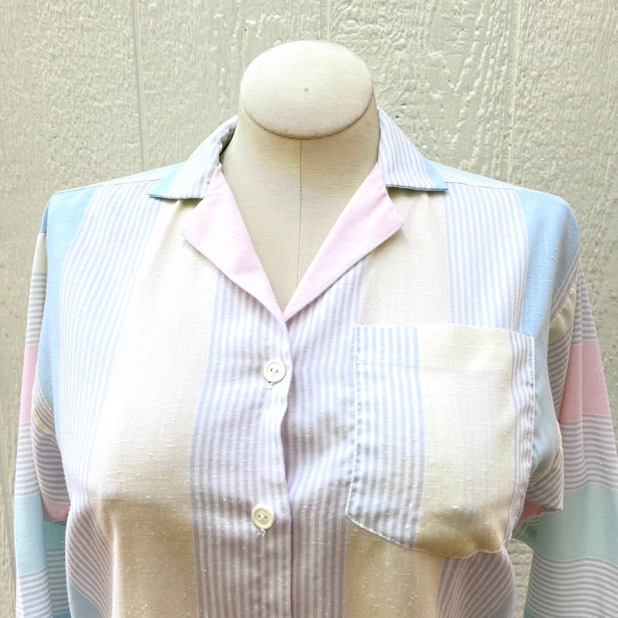 Vintage 80s White Gray Striped Button Up Shirt Pocket Cristin Stevens Size M L
